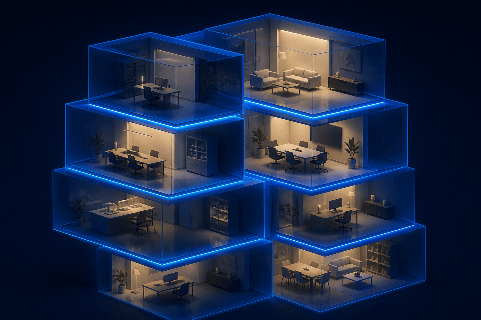 Layered navy rooms separated by electric-blue isolation walls