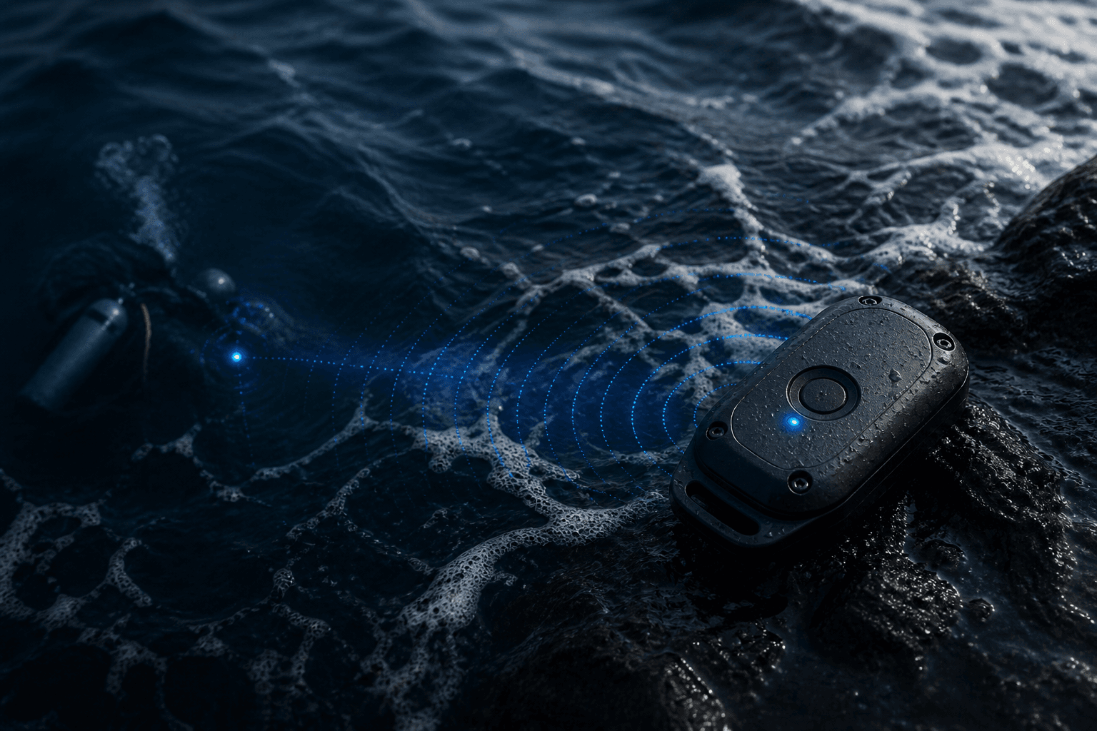 Dark water and a compact marine device with an electric-blue pairing pulse