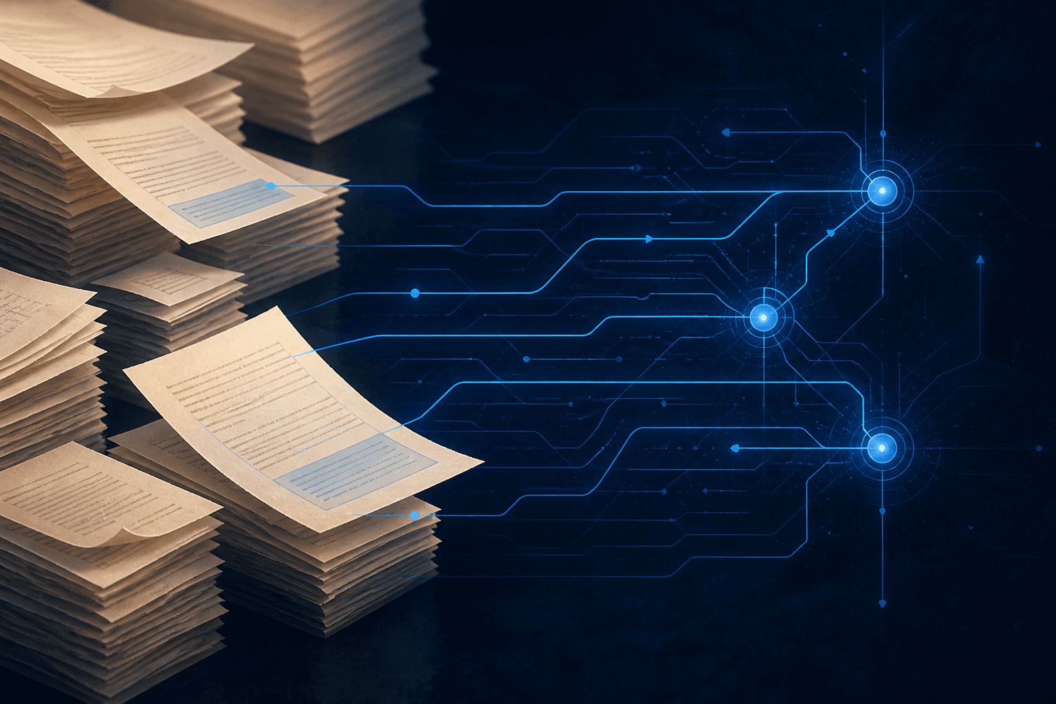 Navy retrieval diagram with electric-blue citation paths over cream document stacks