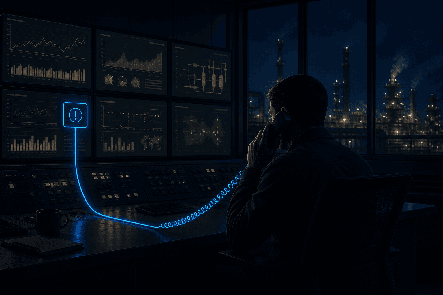 Night industrial dashboard with one electric-blue alert becoming a phone line